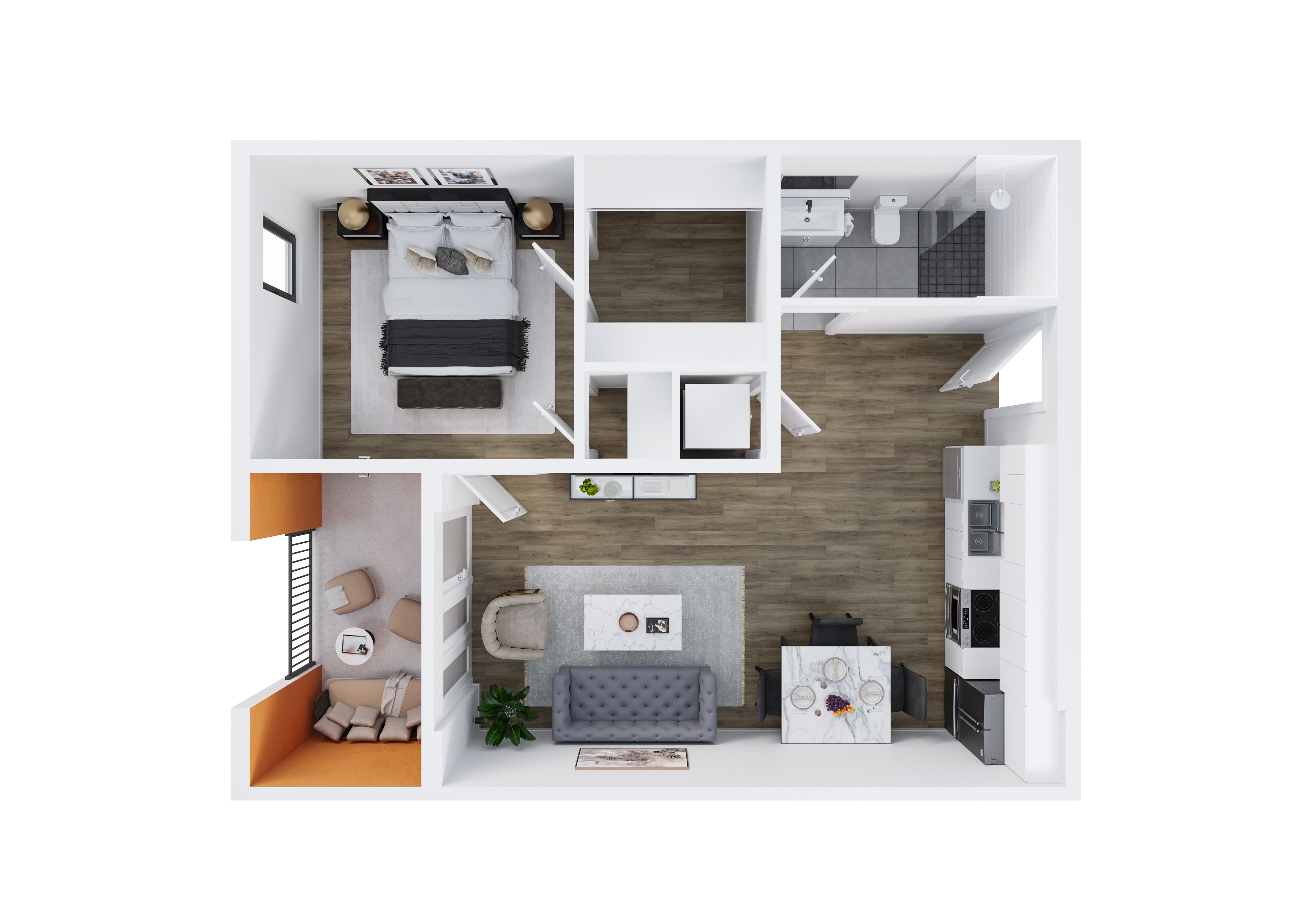 Floor plan for 1 bed, 1 bath, 653 sqft